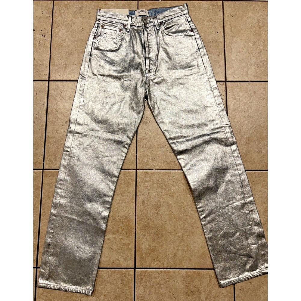Agolde Jeans Women Sz 26 90s Pinch High Rise Metallic Silver Tin Foil USA MADE